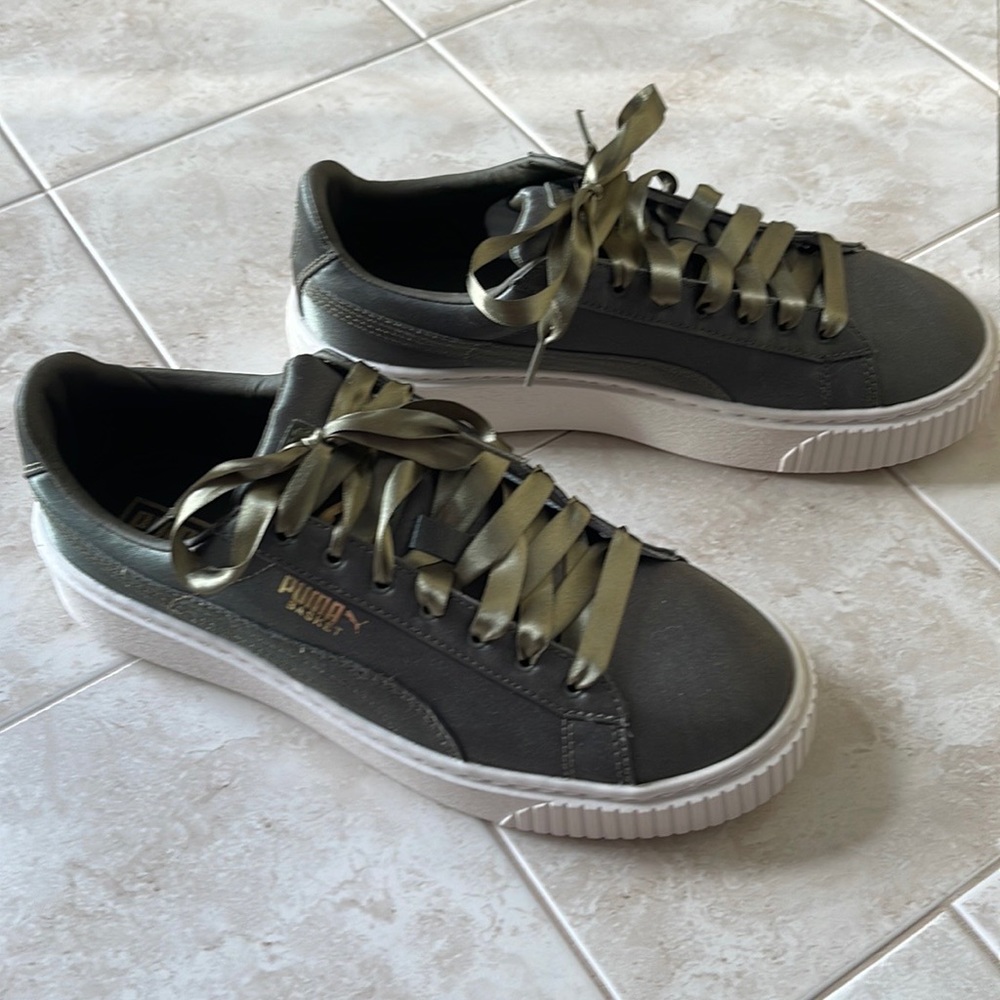 Puma Basket Platform Satin Sneaker.  Olive green size 7.5.  Never worn.
